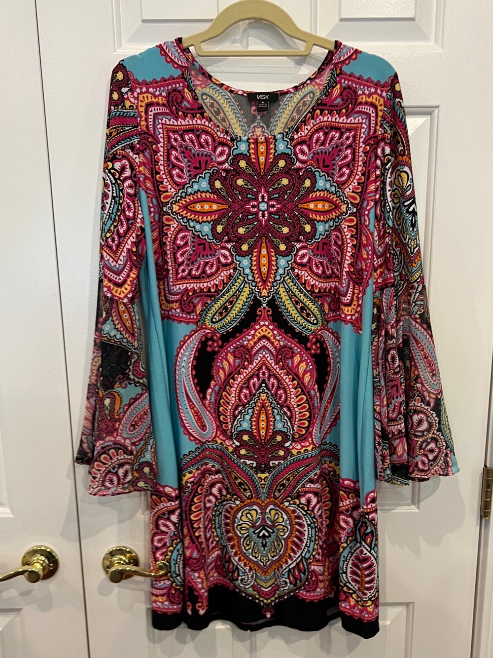MSK Teal and Pink Paisley Bell-Sleeve Dress - Picture 2 of 8